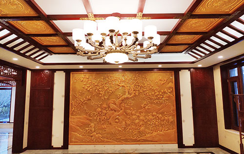 吉水中式别墅客厅中式木作横梁吊顶装饰展示